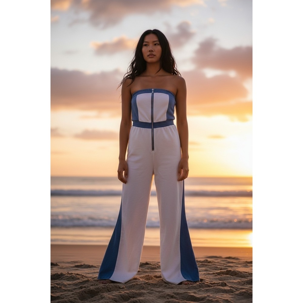 Fashion Nova Tube Top Jumpsuit S White Blue Denim Contrast Raw Hem Full Length
